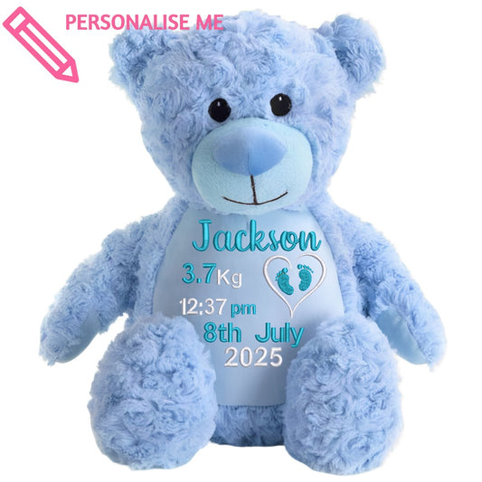 Embroidered Birth Teddy Bear Blue